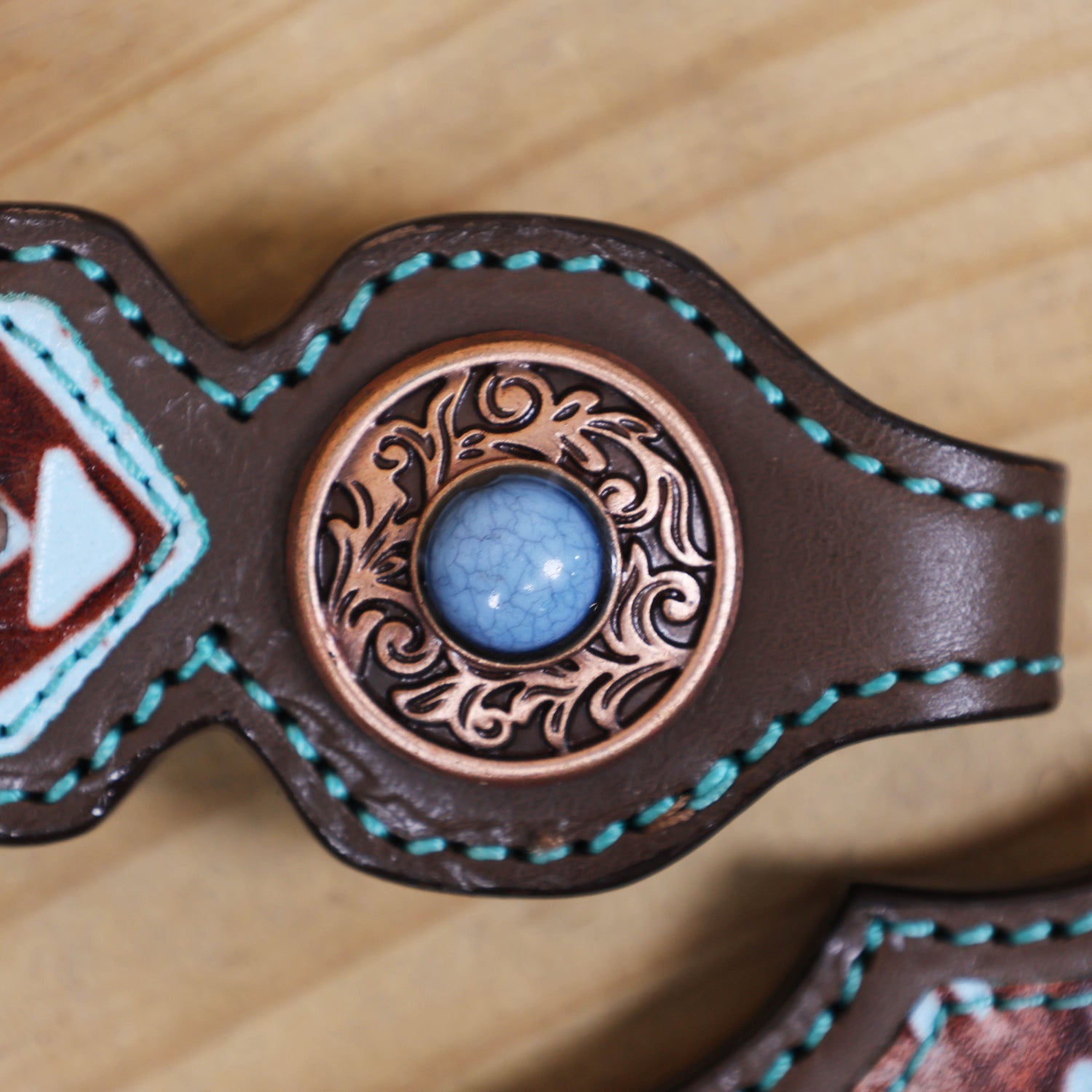 Western Leather Headstall &amp; Breast Collar Set – Genuine Argentina Cowhide, Copper Slot Conchos, Turquoise &amp; Copper Embossed Aztec Print