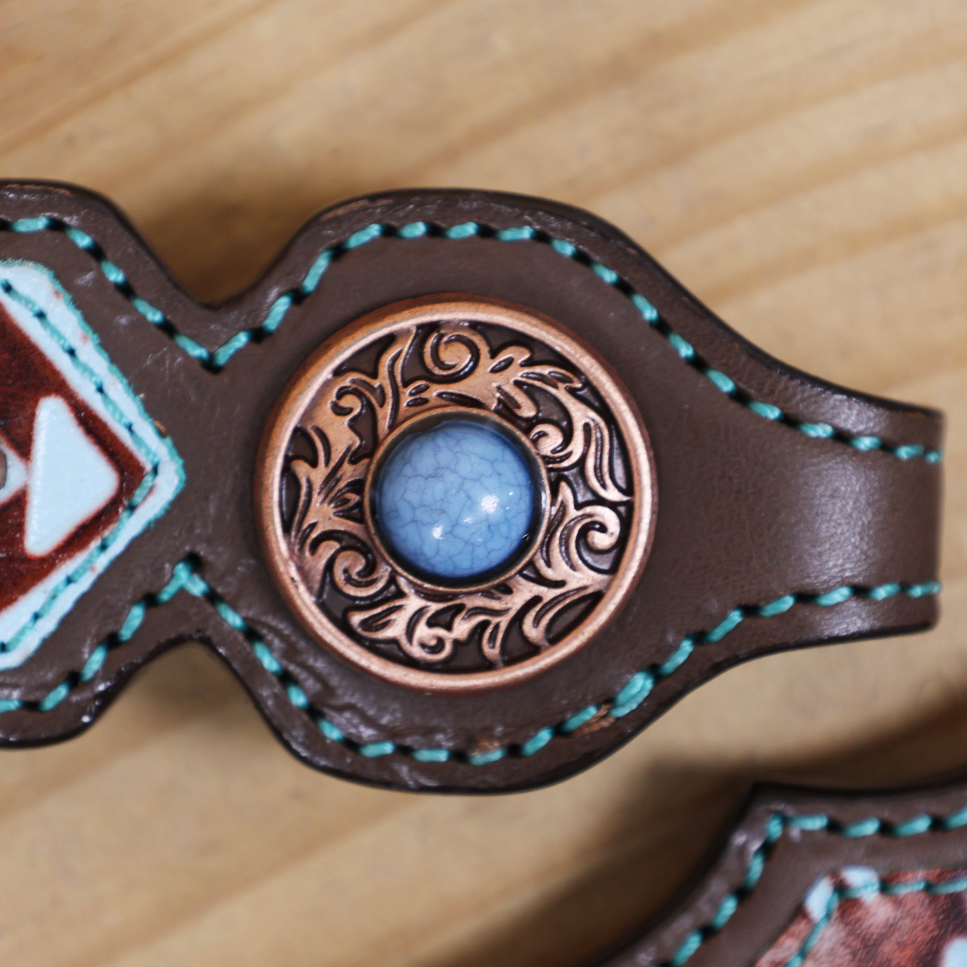 Western Leather Headstall &amp; Breast Collar Set – Genuine Argentina Cowhide, Copper Slot Conchos, Turquoise &amp; Copper Embossed Aztec Print