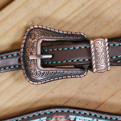 Western Leather Headstall &amp; Breast Collar Set – Genuine Argentina Cowhide, Copper Slot Conchos, Turquoise &amp; Copper Embossed Aztec Print
