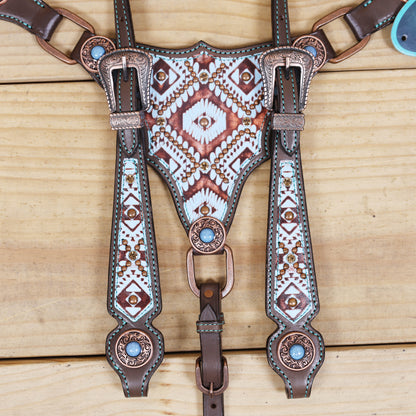 Western Leather Headstall &amp; Breast Collar Set – Genuine Argentina Cowhide, Copper Slot Conchos, Turquoise &amp; Copper Embossed Aztec Print
