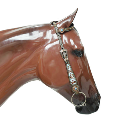 Western Leather Headstall &amp; Breast Collar Set – Genuine Argentina Cowhide, Copper Slot Conchos, Turquoise &amp; Copper Embossed Aztec Print