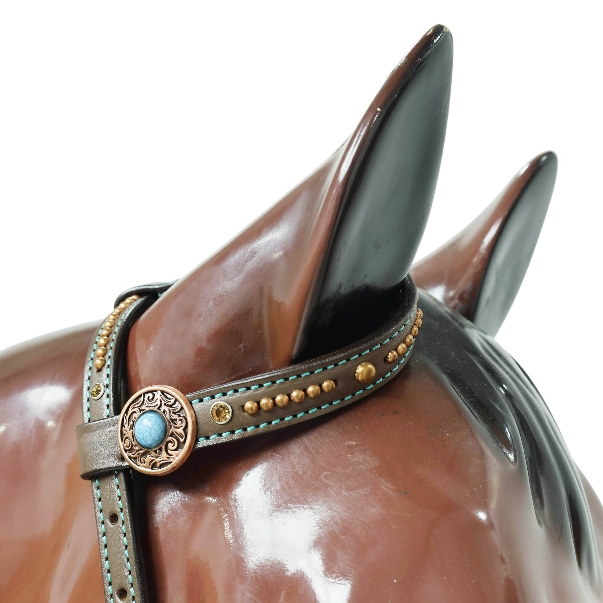 Western Leather Headstall &amp; Breast Collar Set – Genuine Argentina Cowhide, Copper Slot Conchos, Turquoise &amp; Copper Embossed Aztec Print
