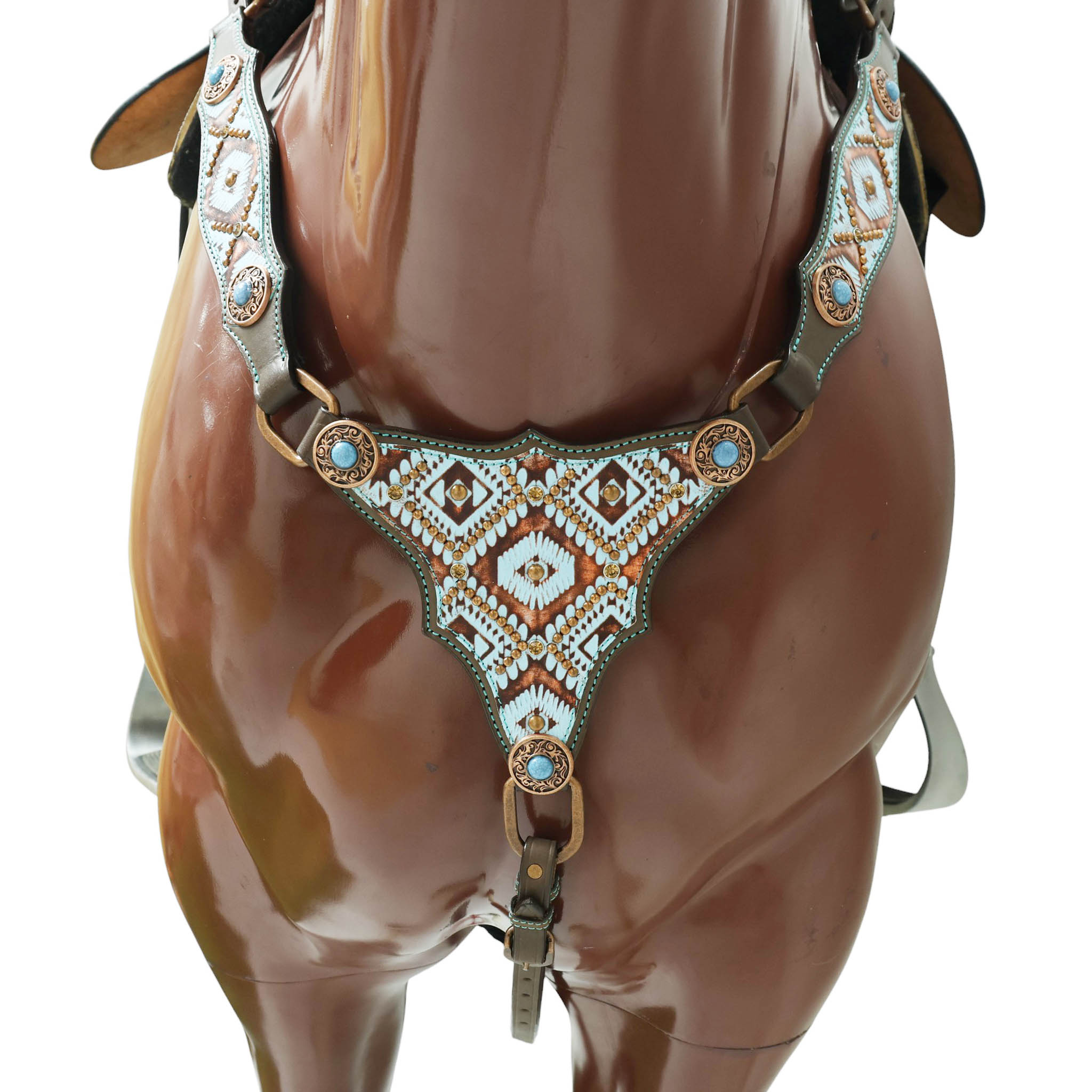 Western Leather Headstall &amp; Breast Collar Set – Genuine Argentina Cowhide, Copper Slot Conchos, Turquoise &amp; Copper Embossed Aztec Print