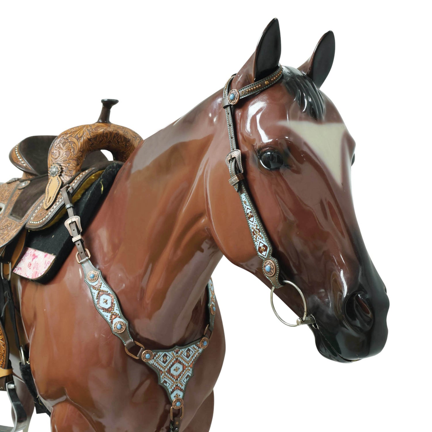 Western Leather Headstall &amp; Breast Collar Set – Genuine Argentina Cowhide, Copper Slot Conchos, Turquoise &amp; Copper Embossed Aztec Print