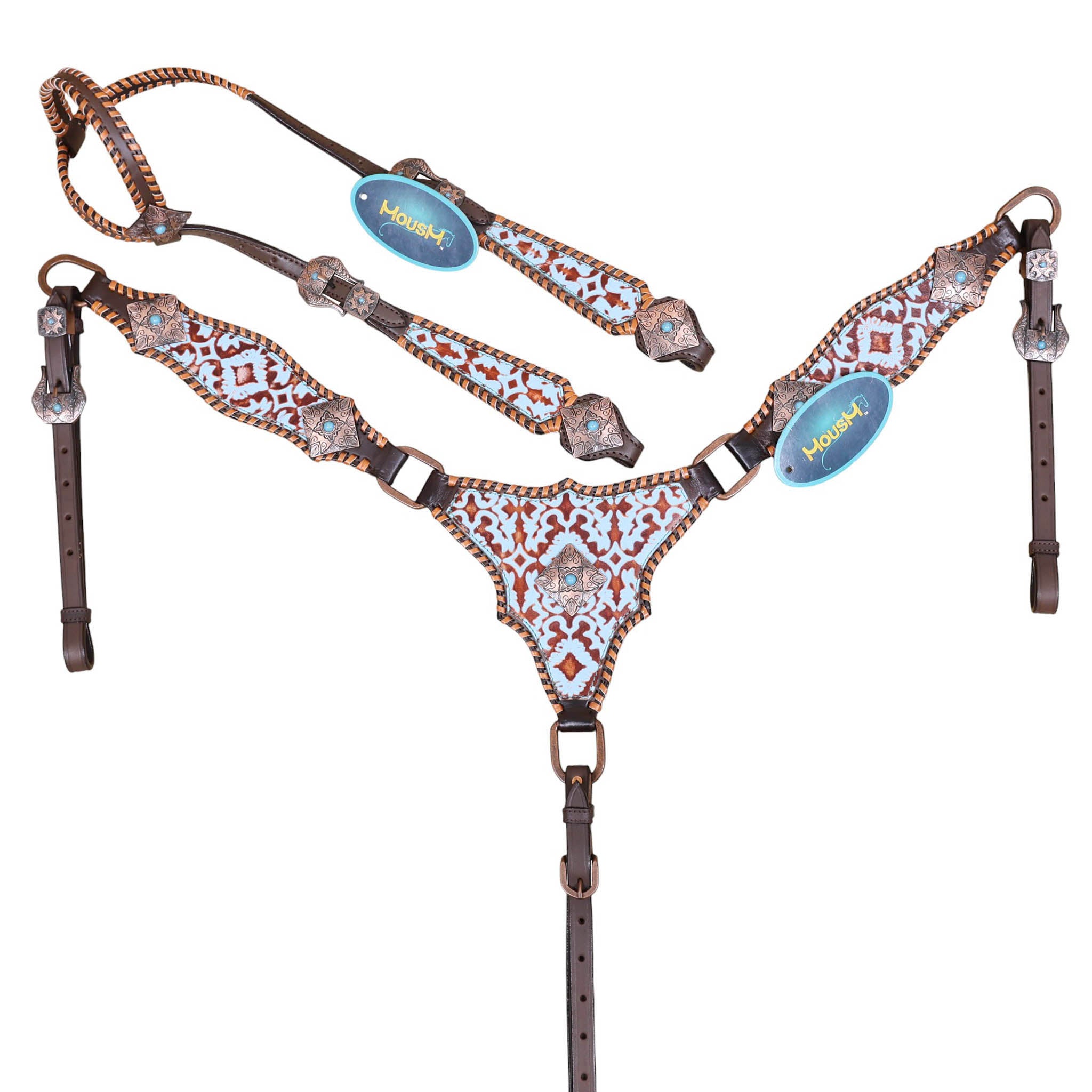 Western Leather Headstall &amp; Breast Collar Set – Basket-Tooled Hand-Carved Leather, Teal Copper Aztec Embossed Print