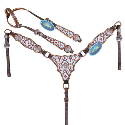 Western Leather Headstall &amp; Breast Collar Set – Basket-Tooled Hand-Carved Leather, Teal Copper Aztec Embossed Print