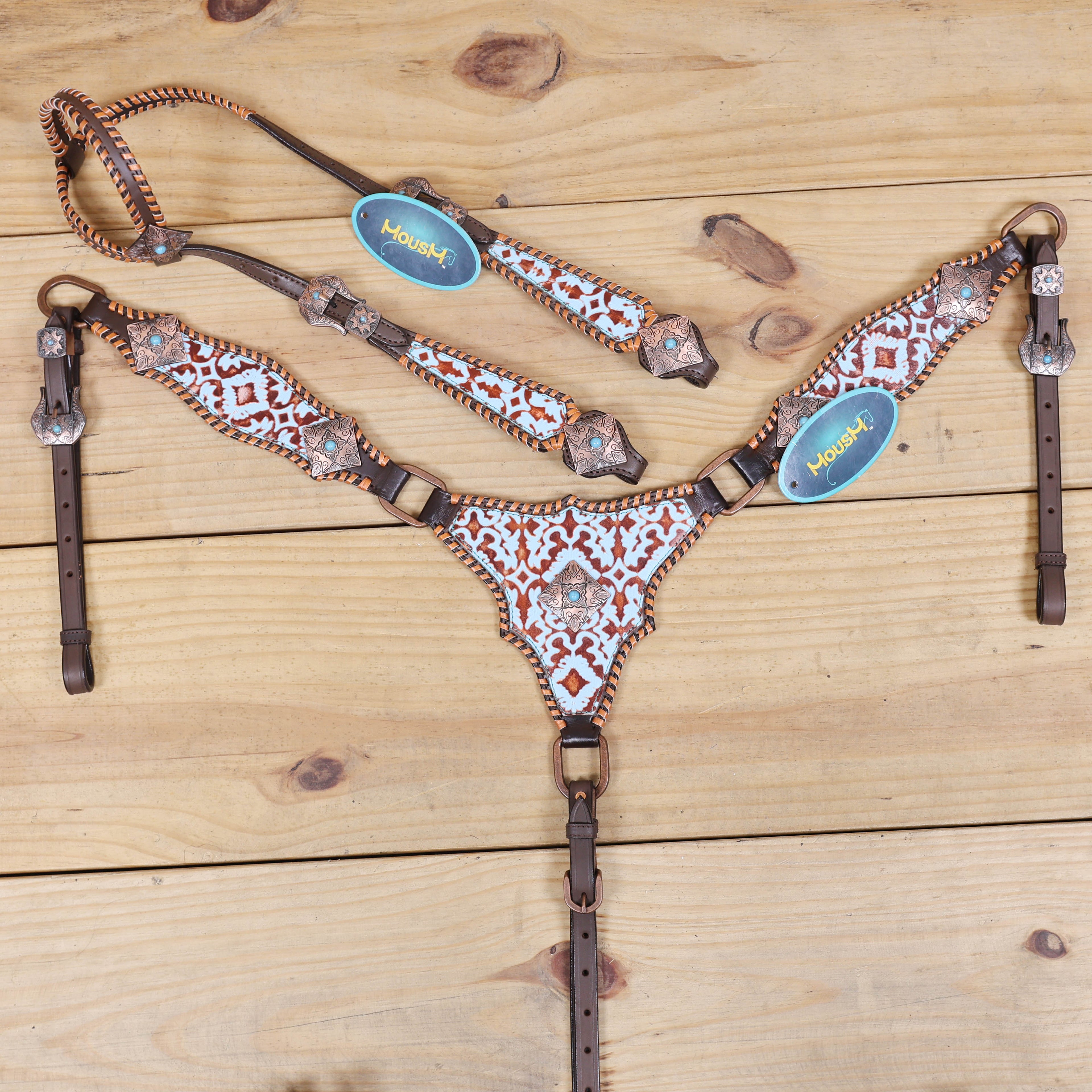 Western Leather Headstall &amp; Breast Collar Set – Basket-Tooled Hand-Carved Leather, Teal Copper Aztec Embossed Print