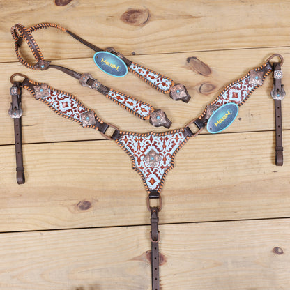 Western Leather Headstall &amp; Breast Collar Set – Basket-Tooled Hand-Carved Leather, Teal Copper Aztec Embossed Print