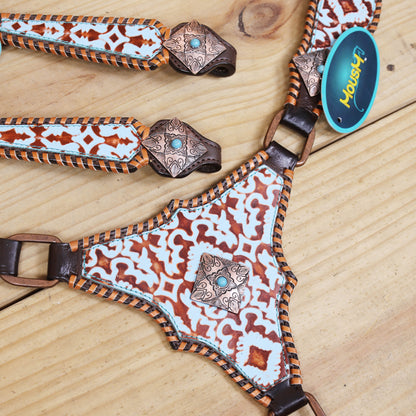 Western Leather Headstall &amp; Breast Collar Set – Basket-Tooled Hand-Carved Leather, Teal Copper Aztec Embossed Print