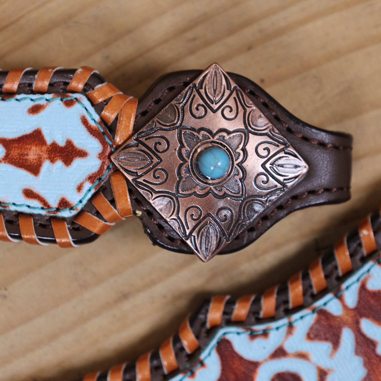 Western Leather Headstall &amp; Breast Collar Set – Basket-Tooled Hand-Carved Leather, Teal Copper Aztec Embossed Print