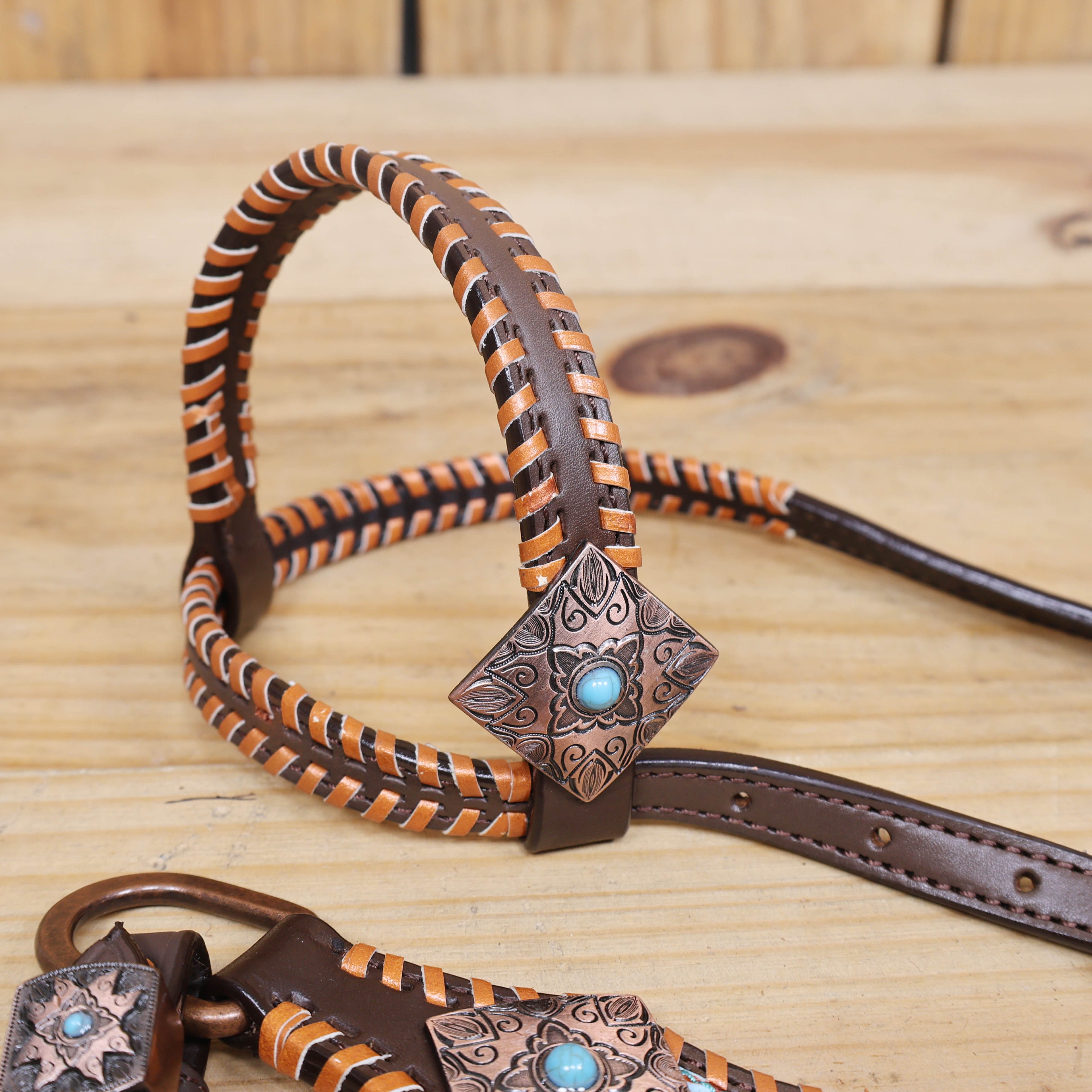 Western Leather Headstall &amp; Breast Collar Set – Basket-Tooled Hand-Carved Leather, Teal Copper Aztec Embossed Print