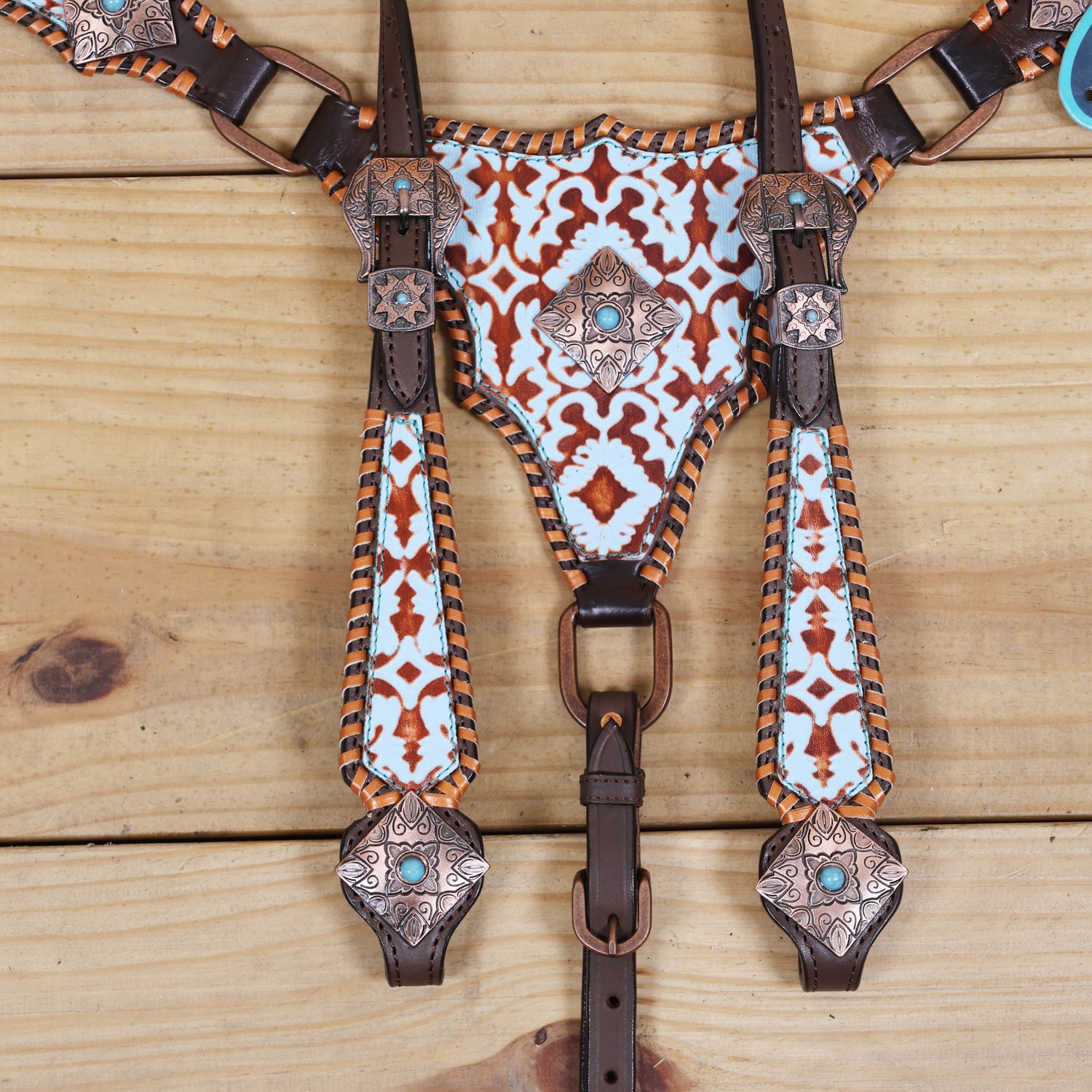 Western Leather Headstall &amp; Breast Collar Set – Basket-Tooled Hand-Carved Leather, Teal Copper Aztec Embossed Print