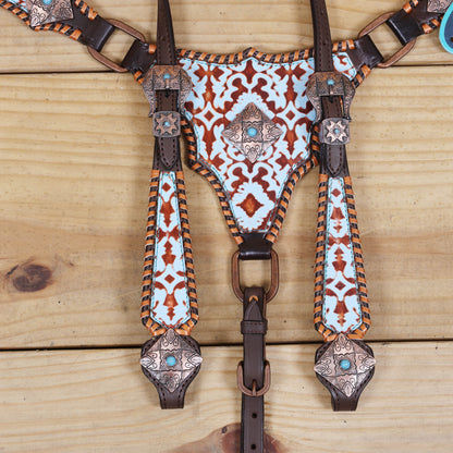 Western Leather Headstall &amp; Breast Collar Set – Basket-Tooled Hand-Carved Leather, Teal Copper Aztec Embossed Print