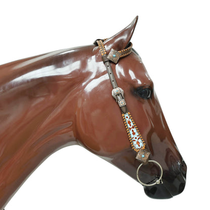 Western Leather Headstall &amp; Breast Collar Set – Basket-Tooled Hand-Carved Leather, Teal Copper Aztec Embossed Print
