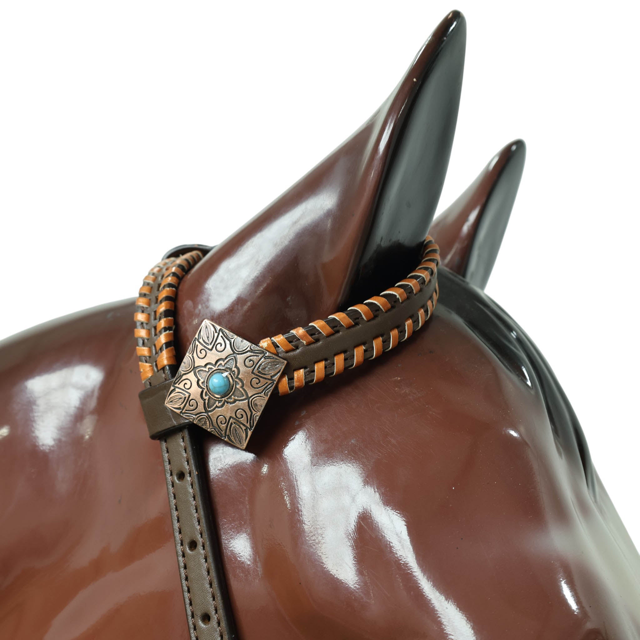 Western Leather Headstall &amp; Breast Collar Set – Basket-Tooled Hand-Carved Leather, Teal Copper Aztec Embossed Print