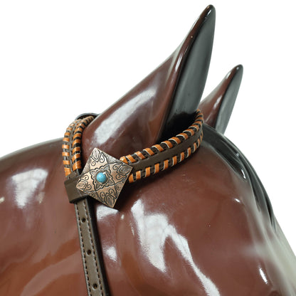 Western Leather Headstall &amp; Breast Collar Set – Basket-Tooled Hand-Carved Leather, Teal Copper Aztec Embossed Print