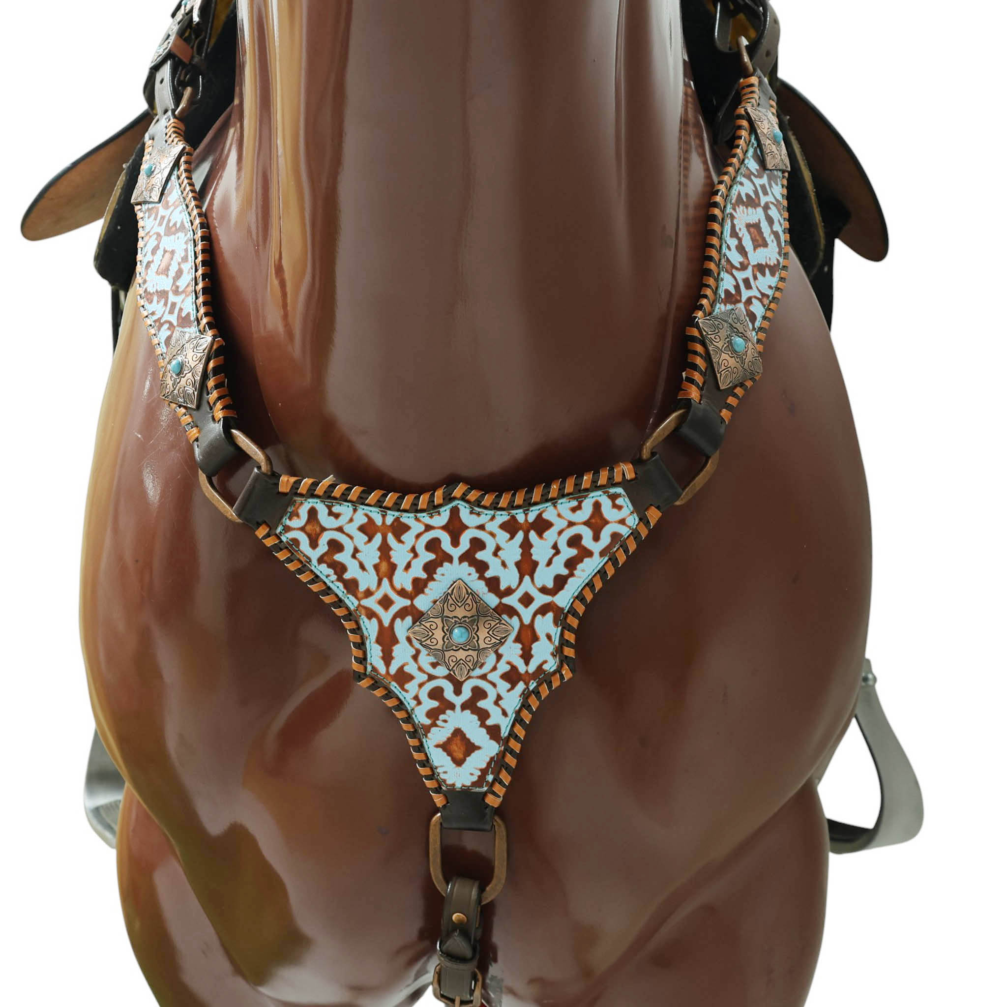 Western Leather Headstall &amp; Breast Collar Set – Basket-Tooled Hand-Carved Leather, Teal Copper Aztec Embossed Print