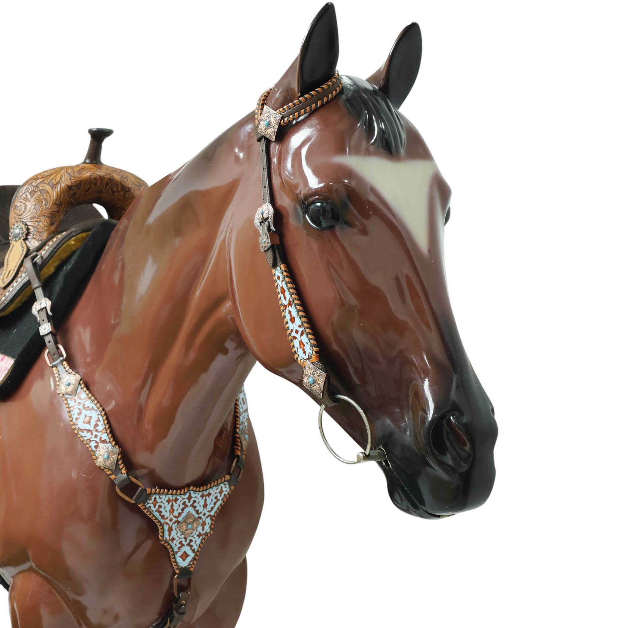 Western Leather Headstall &amp; Breast Collar Set – Basket-Tooled Hand-Carved Leather, Teal Copper Aztec Embossed Print