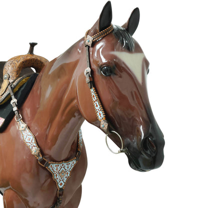 Western Leather Headstall &amp; Breast Collar Set – Basket-Tooled Hand-Carved Leather, Teal Copper Aztec Embossed Print