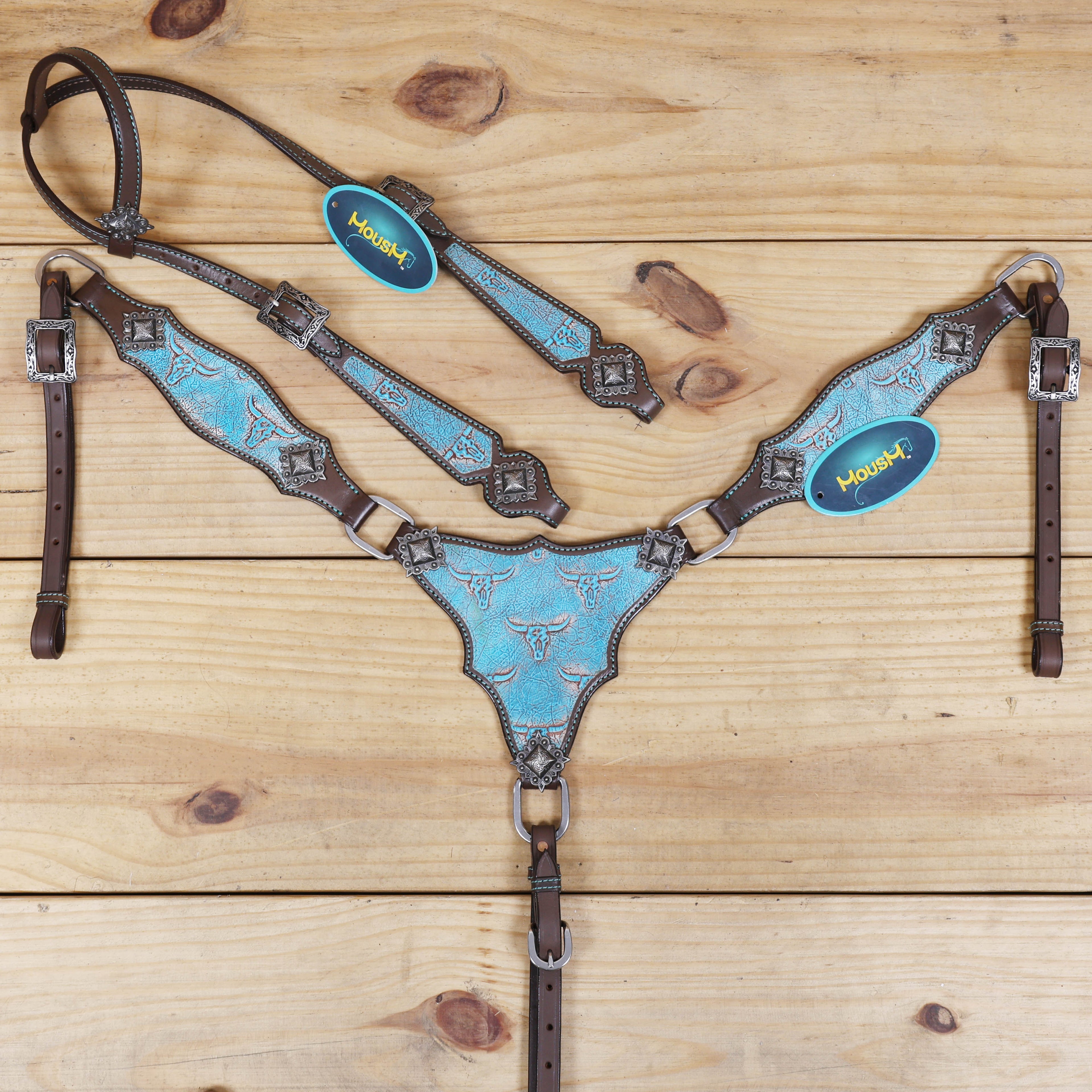 Western Leather Headstall &amp; Breast Collar Set – Turquoise Steer Embossed Leather Patch