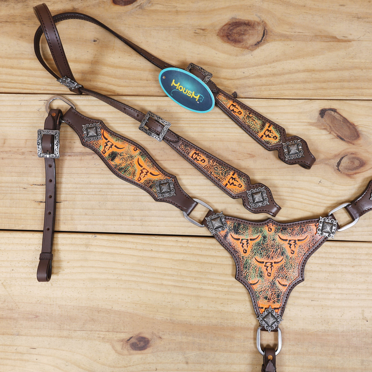 Western Leather Headstall and Breast Collar Set, Orange Steer Embossed Tack