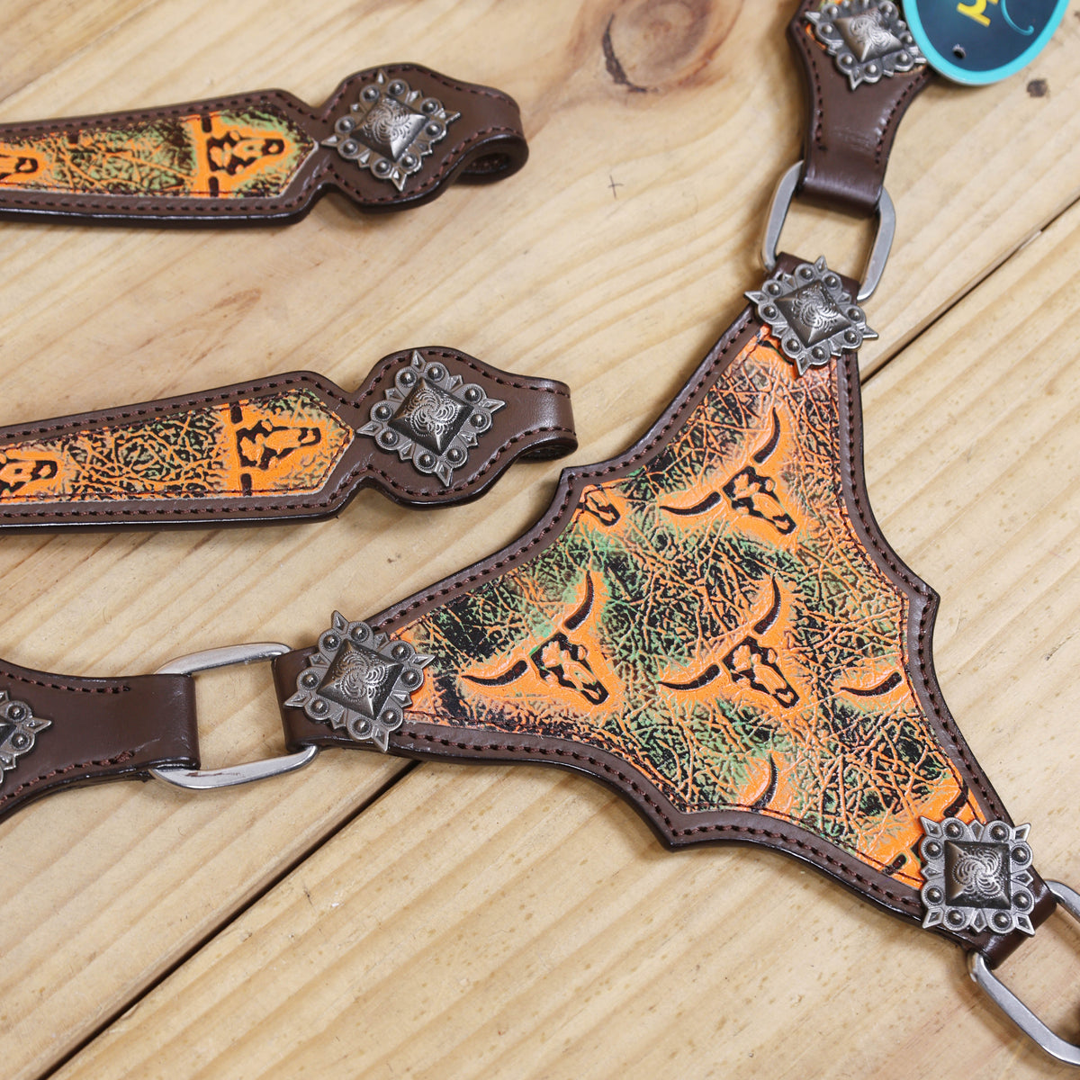 Western Leather Headstall and Breast Collar Set, Orange Steer Embossed Tack