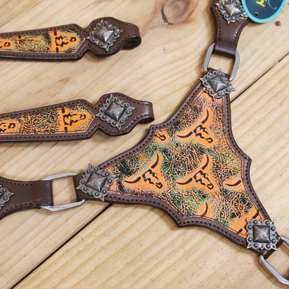 Western Leather Headstall and Breast Collar Set, Orange Steer Embossed Tack