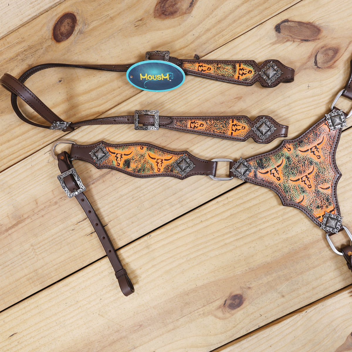 Western Leather Headstall and Breast Collar Set, Orange Steer Embossed Tack