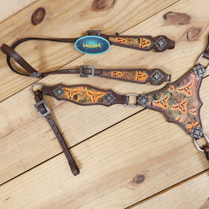 Western Leather Headstall and Breast Collar Set, Orange Steer Embossed Tack