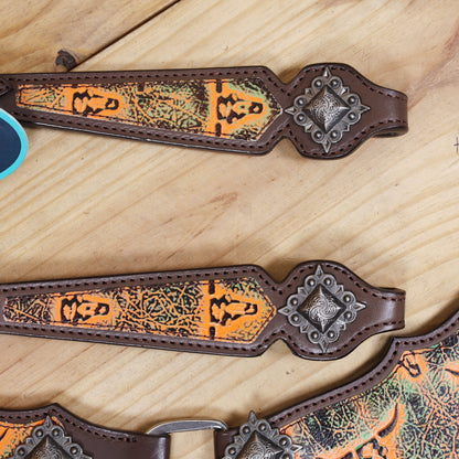Western Leather Headstall and Breast Collar Set, Orange Steer Embossed Tack