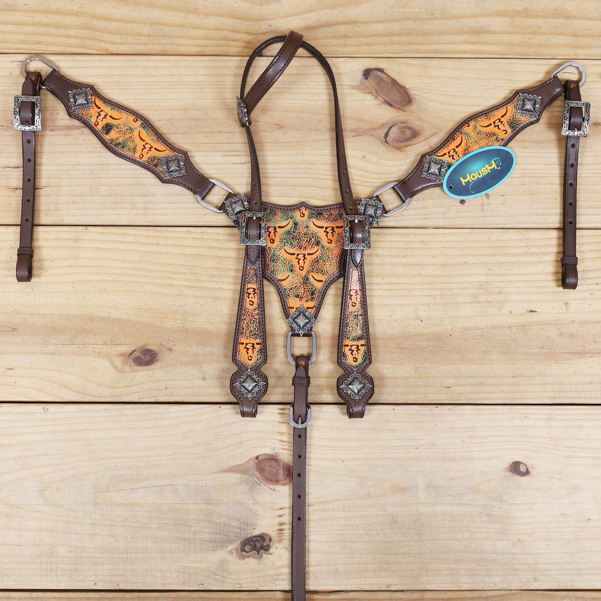 Western Leather Headstall and Breast Collar Set, Orange Steer Embossed Tack
