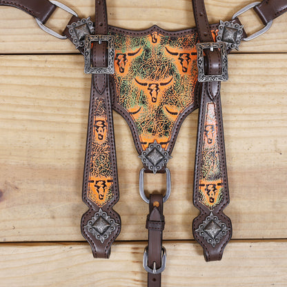 Western Leather Headstall and Breast Collar Set, Orange Steer Embossed Tack