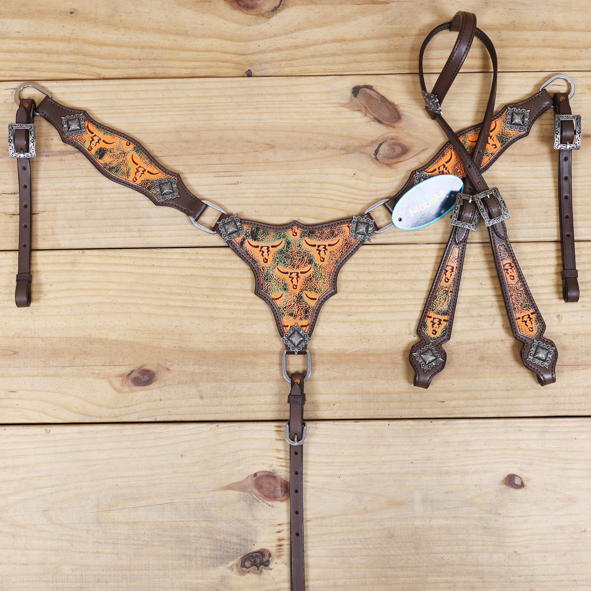 Western Leather Headstall and Breast Collar Set, Orange Steer Embossed Tack
