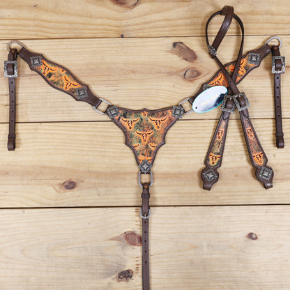 Western Leather Headstall and Breast Collar Set, Orange Steer Embossed Tack