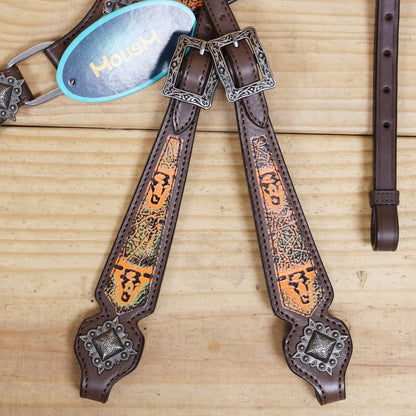 Western Leather Headstall and Breast Collar Set, Orange Steer Embossed Tack