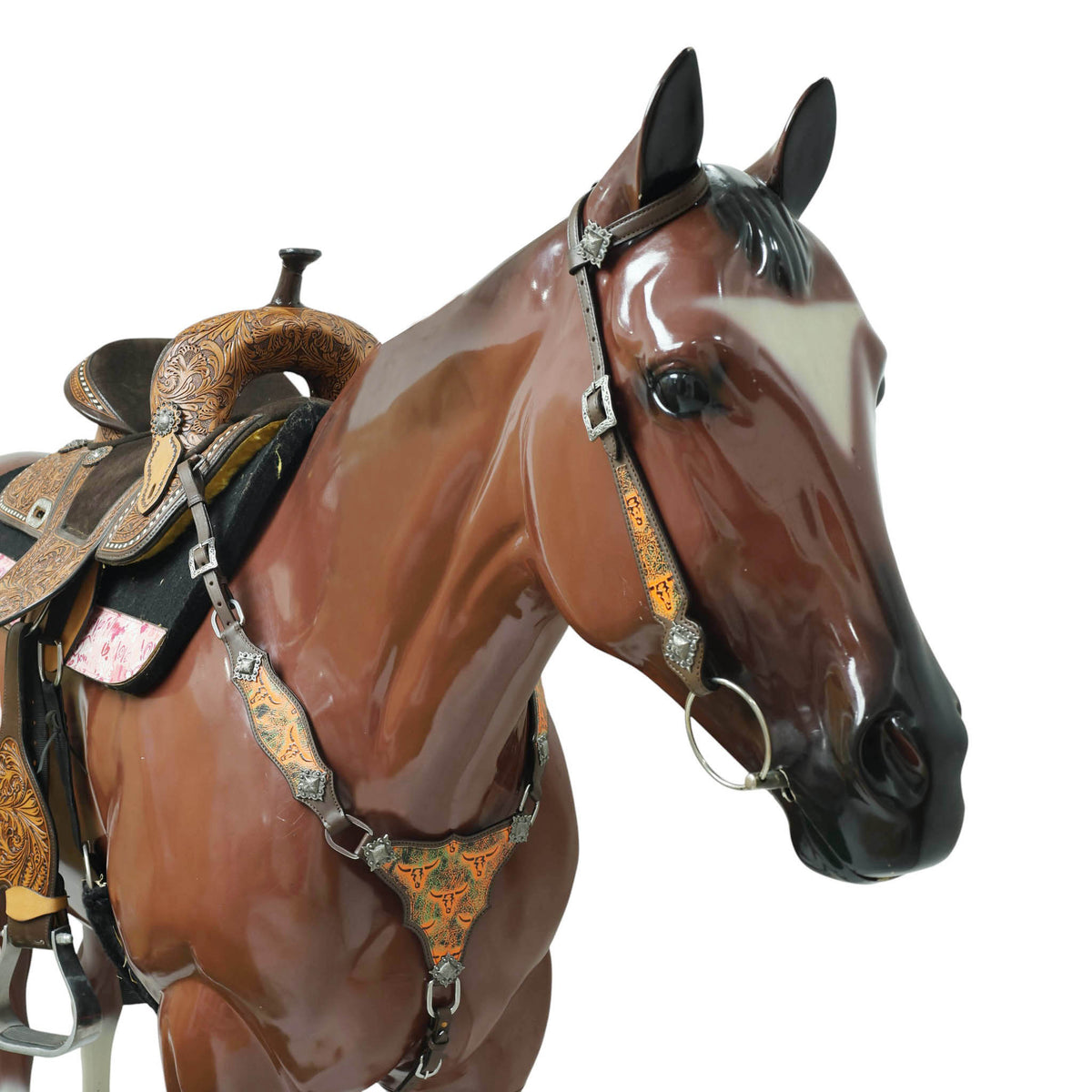 Western Leather Headstall and Breast Collar Set, Orange Steer Embossed Tack