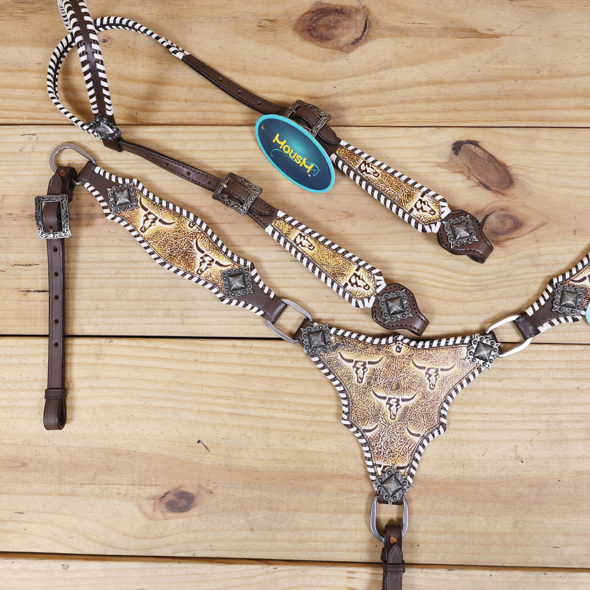 Western Leather Headstall and Breast Collar Tack Set, Steer Embossed with Rawhide Stitch