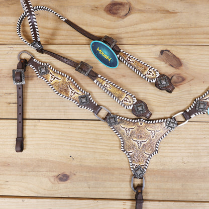 Western Leather Headstall and Breast Collar Tack Set, Steer Embossed with Rawhide Stitch