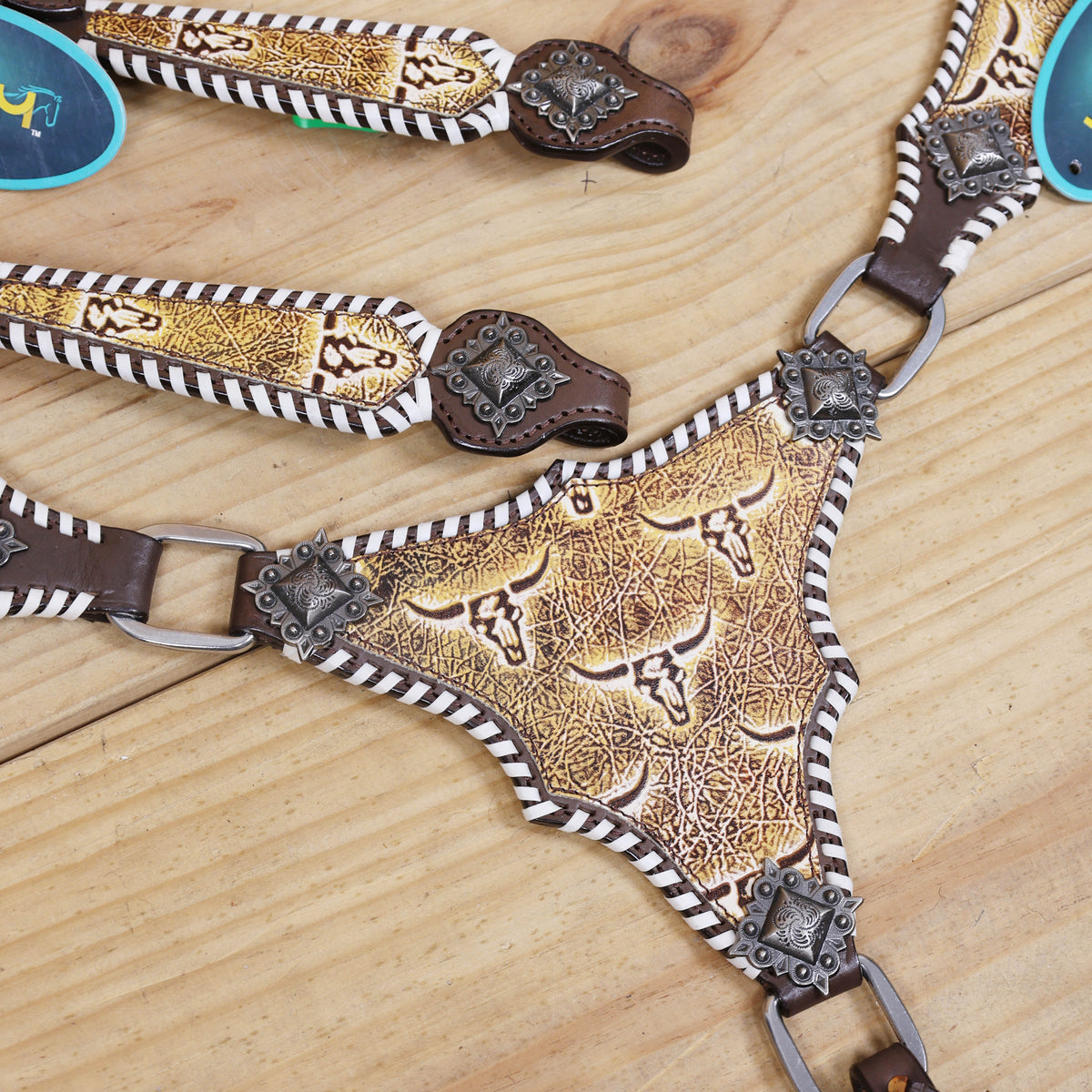 Western Leather Headstall and Breast Collar Tack Set, Steer Embossed with Rawhide Stitch