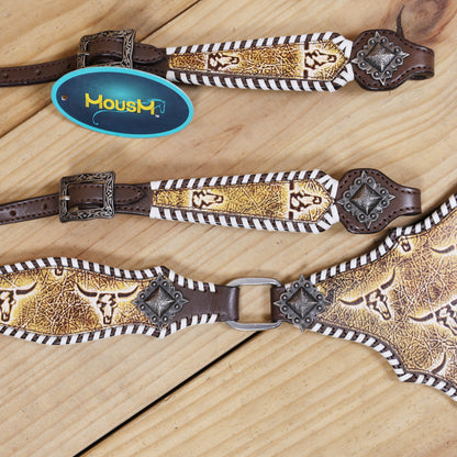Western Leather Headstall and Breast Collar Tack Set, Steer Embossed with Rawhide Stitch