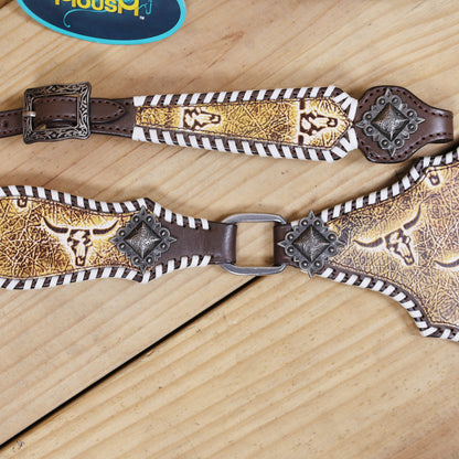Western Leather Headstall and Breast Collar Tack Set, Steer Embossed with Rawhide Stitch