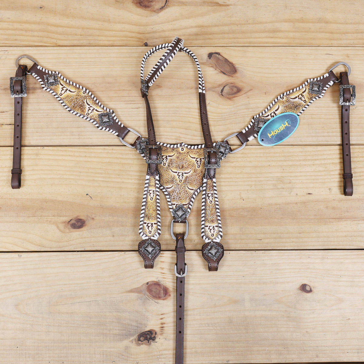Western Leather Headstall and Breast Collar Tack Set, Steer Embossed with Rawhide Stitch