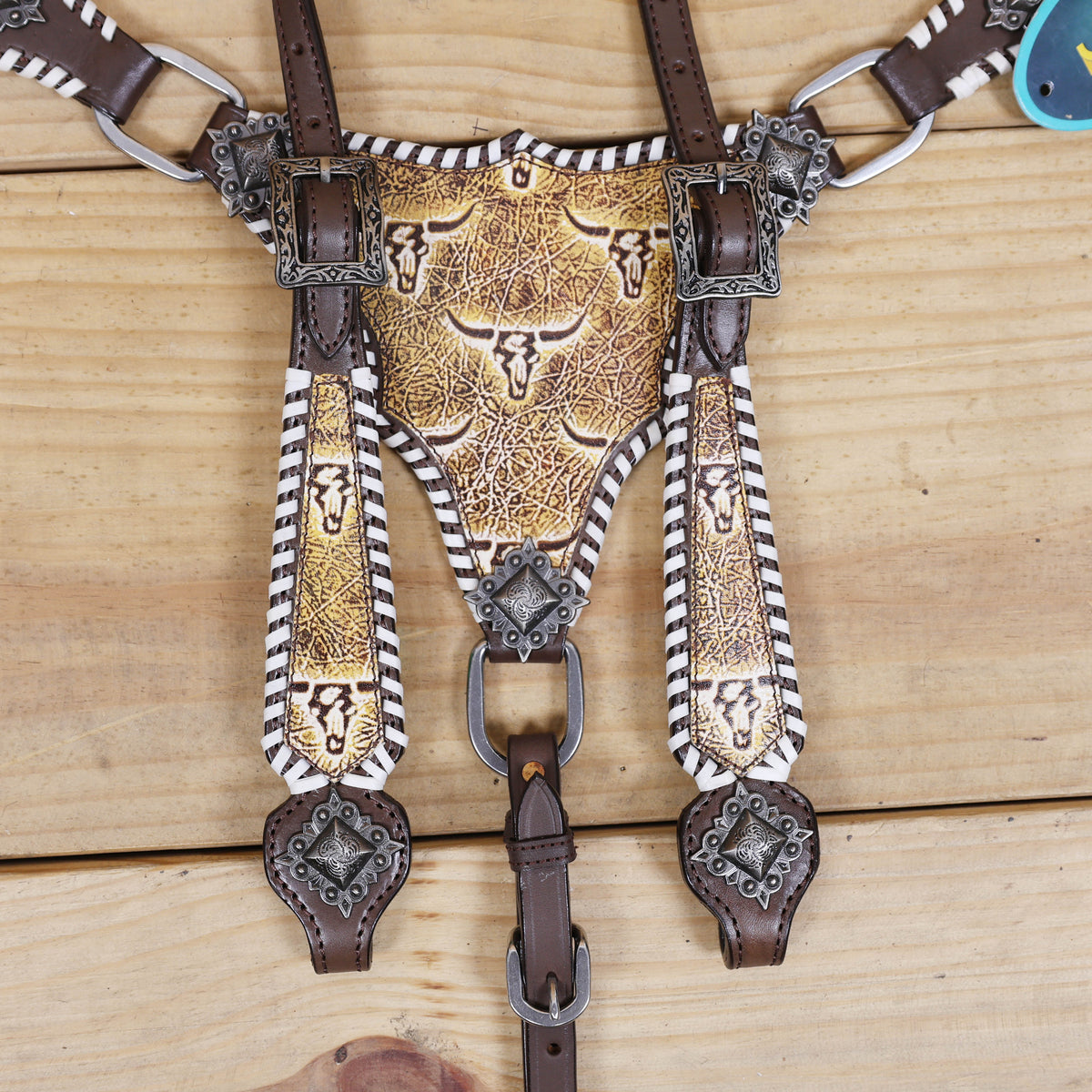 Western Leather Headstall and Breast Collar Tack Set, Steer Embossed with Rawhide Stitch
