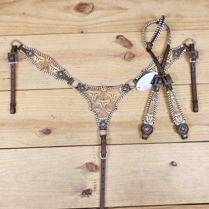 Western Leather Headstall and Breast Collar Tack Set, Steer Embossed with Rawhide Stitch