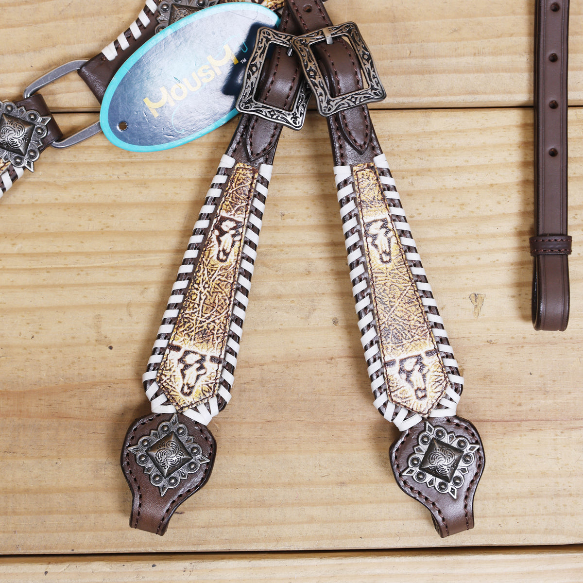 Western Leather Headstall and Breast Collar Tack Set, Steer Embossed with Rawhide Stitch