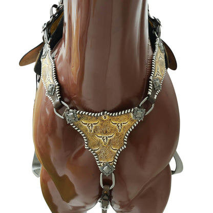 Western Leather Headstall and Breast Collar Tack Set, Steer Embossed with Rawhide Stitch