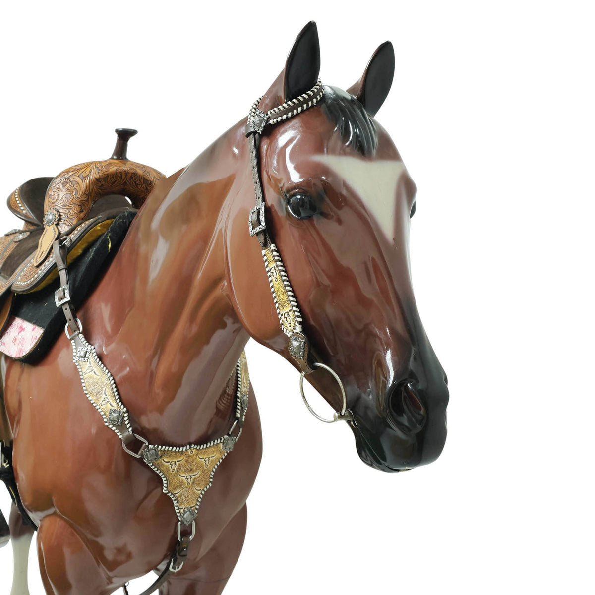 Western Leather Headstall and Breast Collar Tack Set, Steer Embossed with Rawhide Stitch