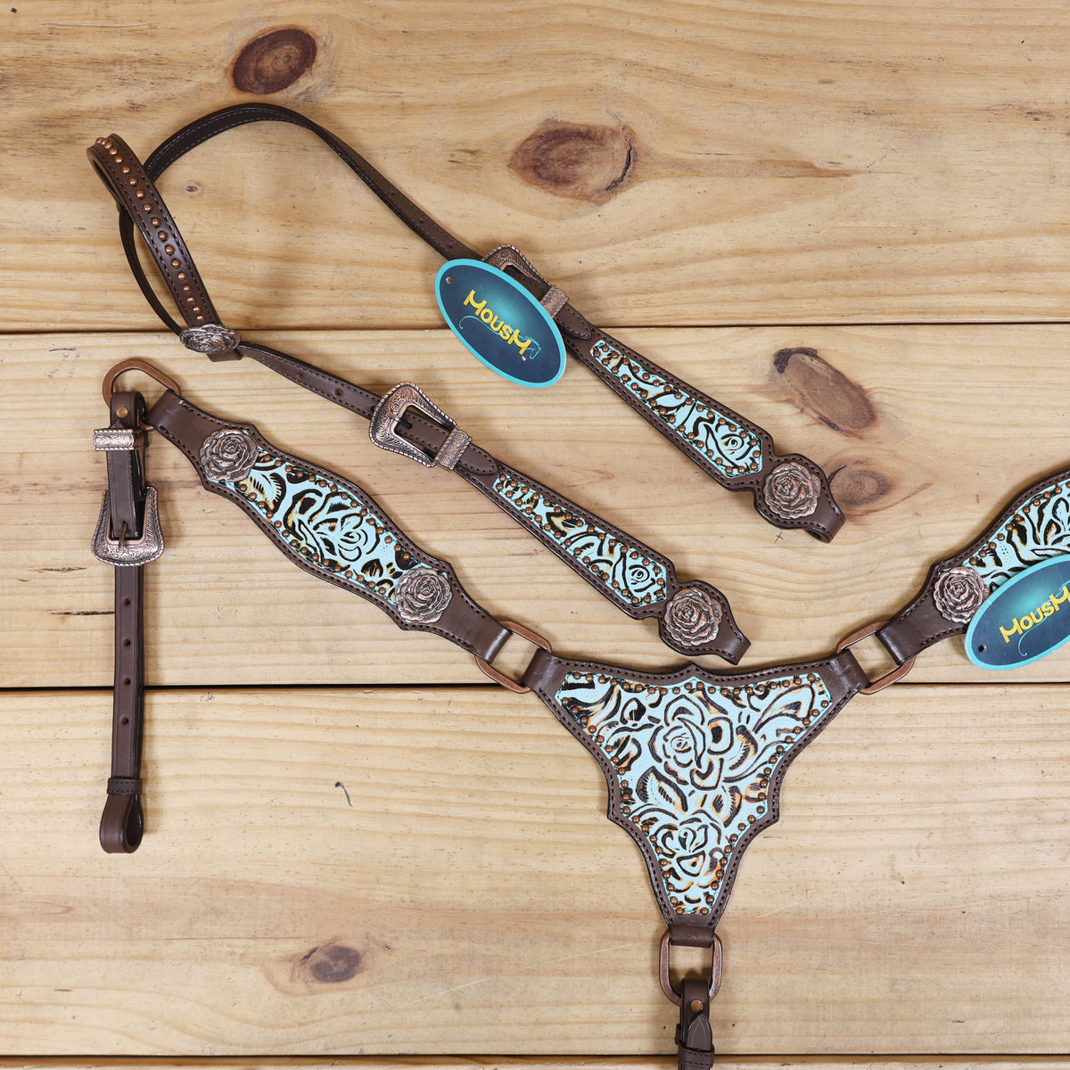 Western Headstall and Breast Collar Set, Turquoise Rose Embossed Tack with Silver Studs