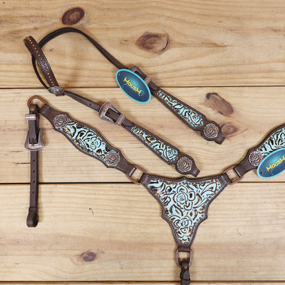 Western Headstall and Breast Collar Set, Turquoise Rose Embossed Tack with Silver Studs