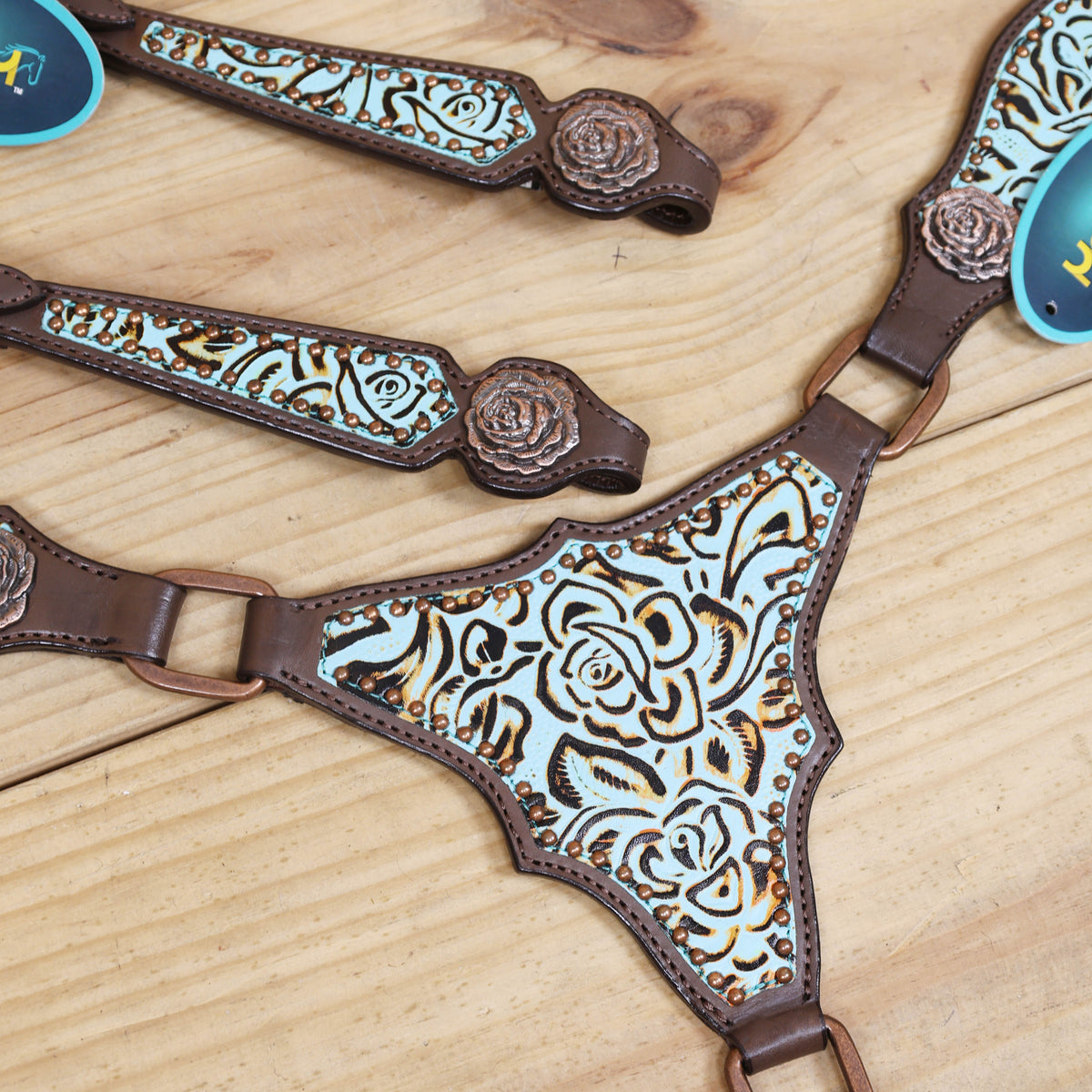 Western Headstall and Breast Collar Set, Turquoise Rose Embossed Tack with Silver Studs